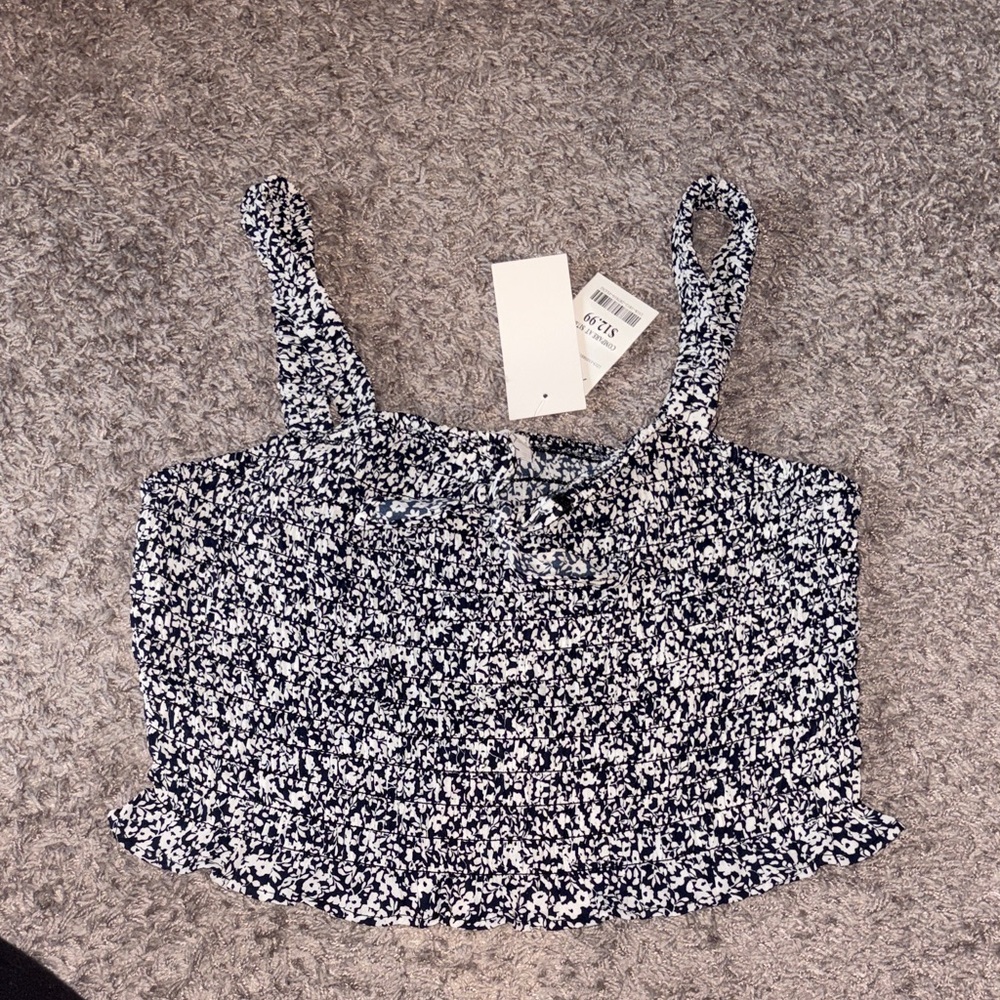 Floral Smocked Crop Tank Top - Navy/White